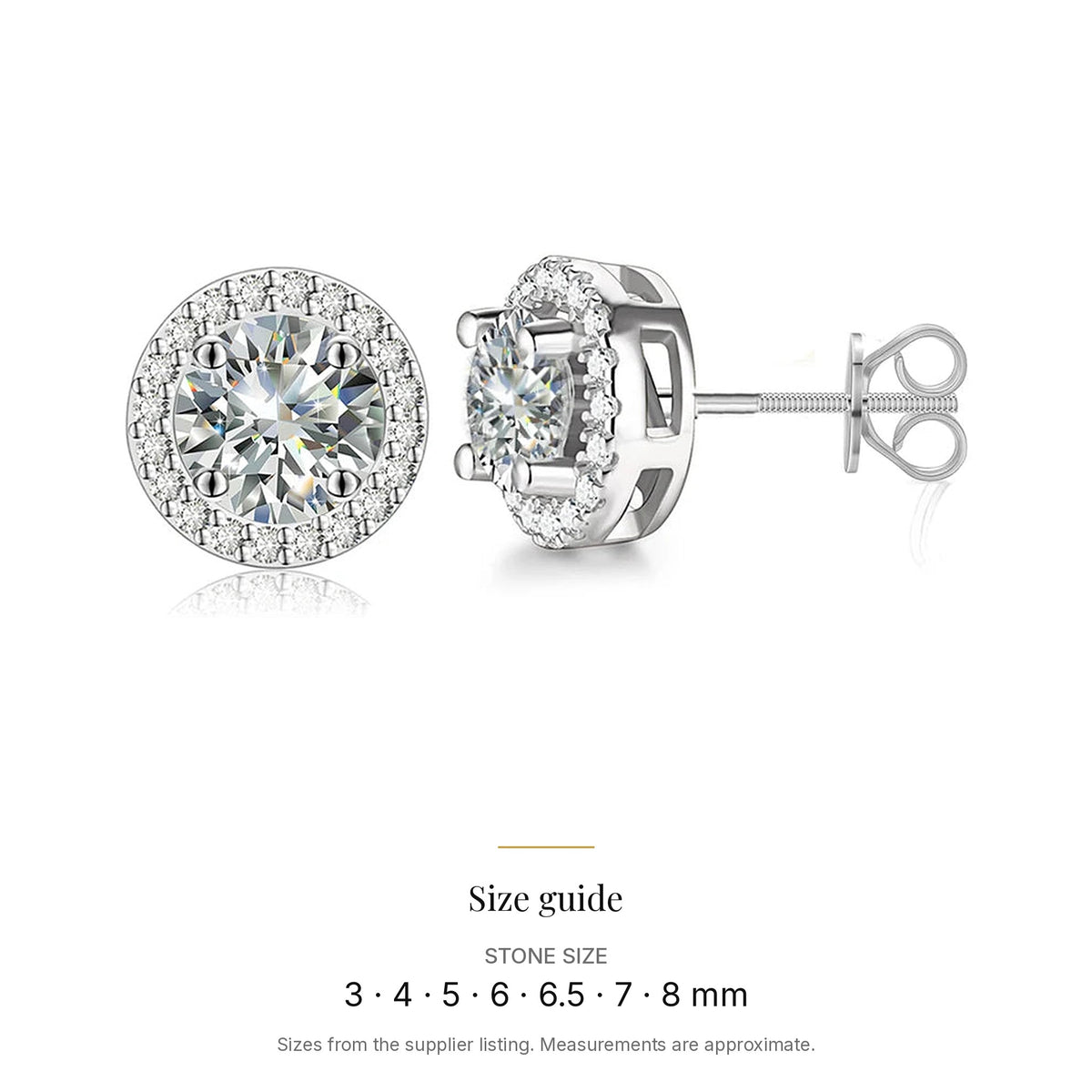 Lab-created moissanite stud earrings in 925 sterling silver size guide: Stone size 3 · 4 · 5 · 6 · 6.5 · 7 · 8 mm