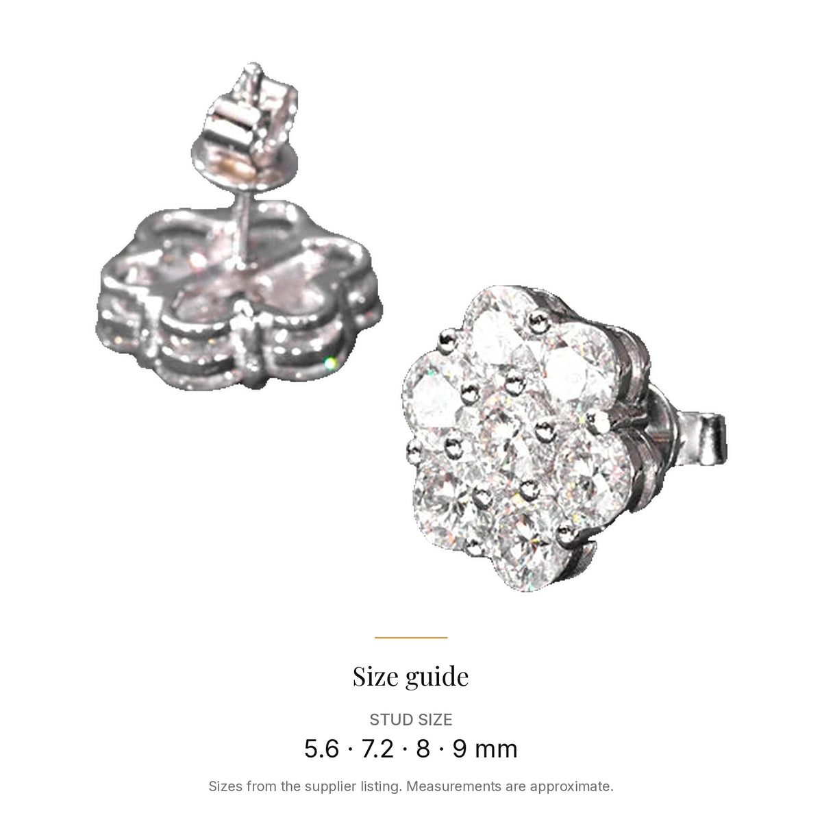Lab-created moissanite flower stud earrings in 925 sterling silver size guide: Stud size 5.6 · 7.2 · 8 · 9 mm