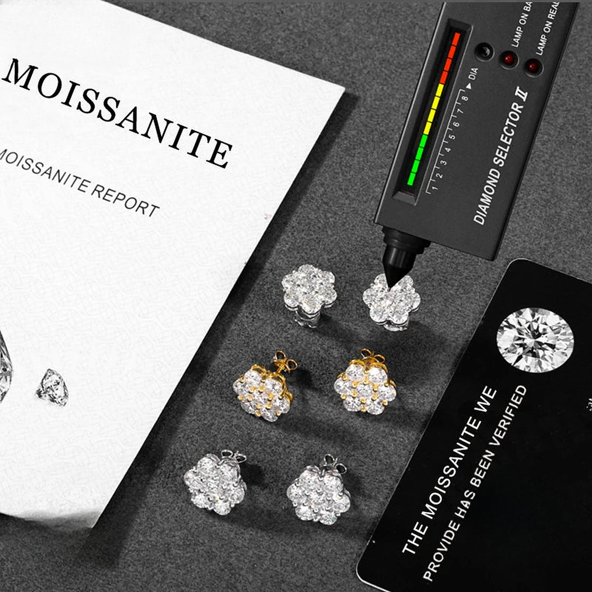 Lab-created moissanite flower stud earrings in 925 sterling silver, additional view 2