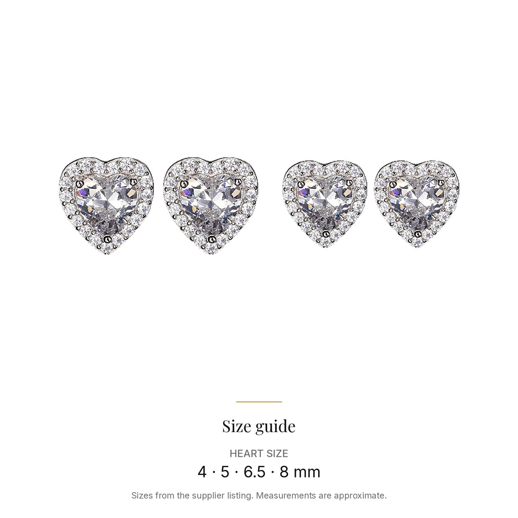 Lab-created moissanite heart stud earrings in 925 sterling silver size guide: Heart size 4 · 5 · 6.5 · 8 mm