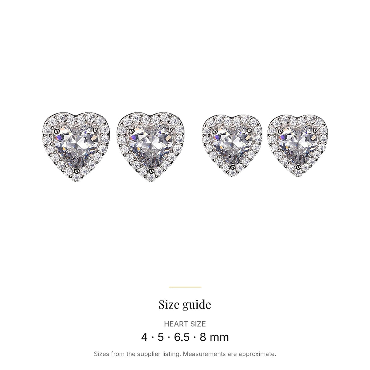 Lab-created moissanite heart stud earrings in 925 sterling silver size guide: Heart size 4 · 5 · 6.5 · 8 mm