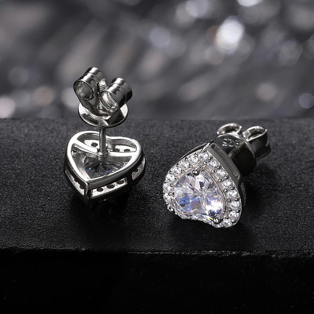 Lab-created moissanite heart stud earrings in 925 sterling silver, additional view 3