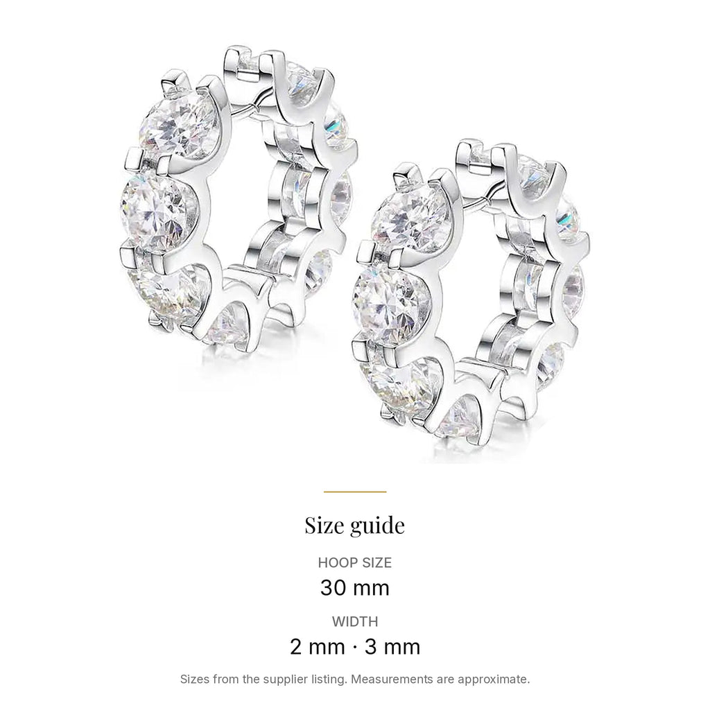 Lab-created moissanite hoop earrings size guide: Hoop size 30 mm; Width 2 mm · 3 mm