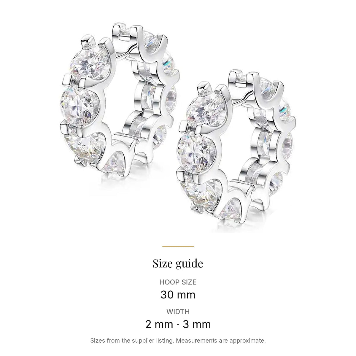 Lab-created moissanite hoop earrings size guide: Hoop size 30 mm; Width 2 mm · 3 mm