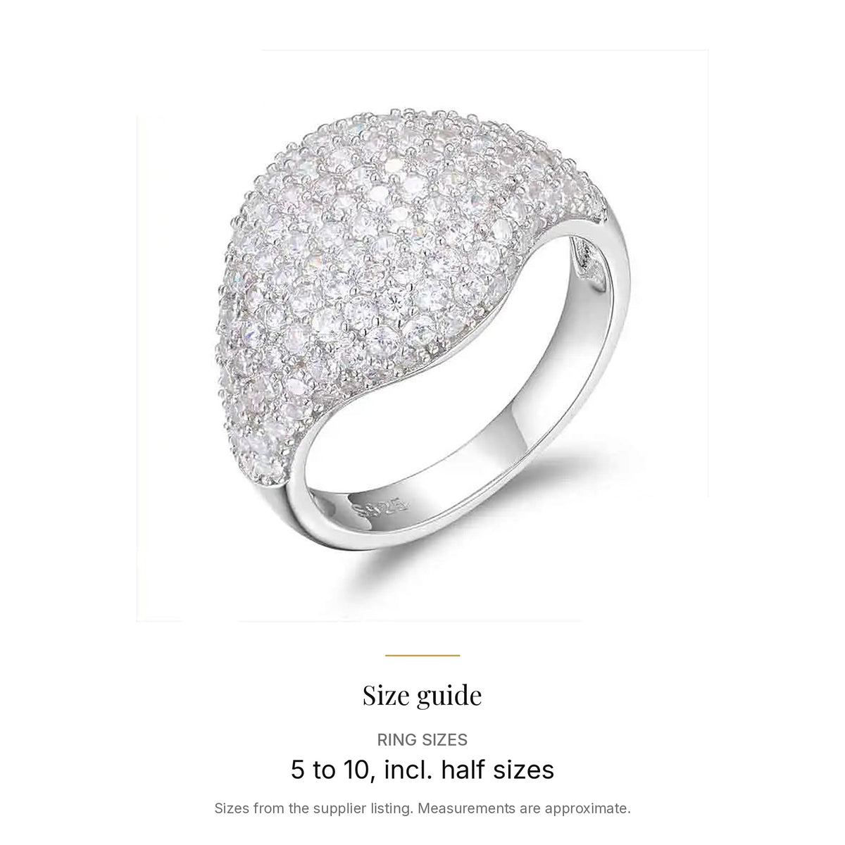 Lab-created moissanite pavé ring in 925 sterling silver size guide: Ring sizes 5 to 10, incl. half sizes