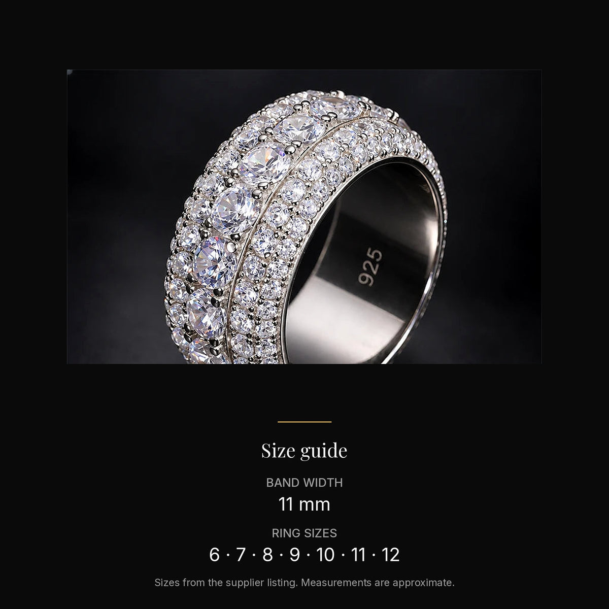 Men's pavé lab-created moissanite ring in 925 sterling silver size guide: Band width 11 mm; Ring sizes 6 · 7 · 8 · 9 · 10 · 11 · 12