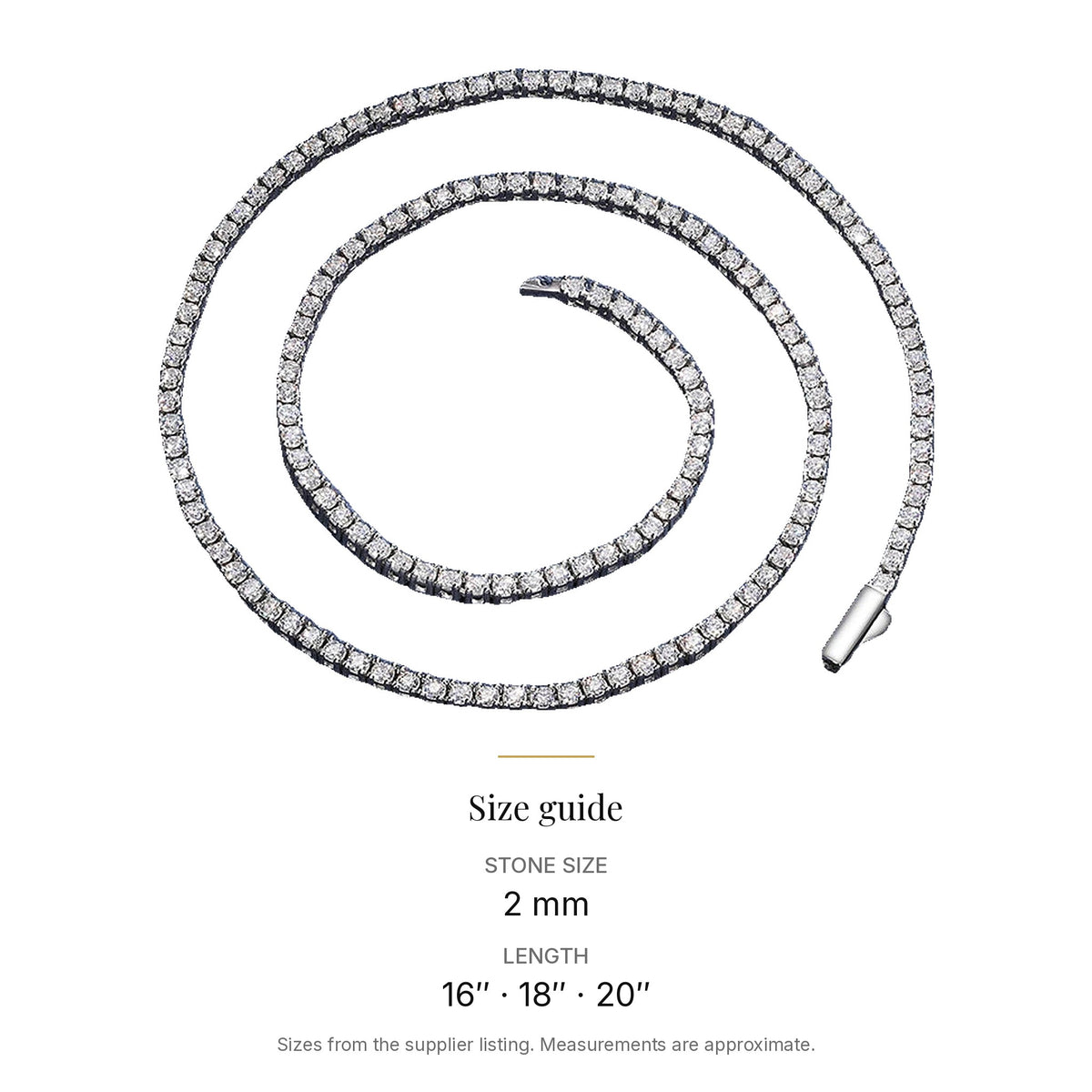 Lab-created moissanite tennis necklace in 925 sterling silver size guide: Stone size 2 mm; Length 16 in · 18 in · 20 in