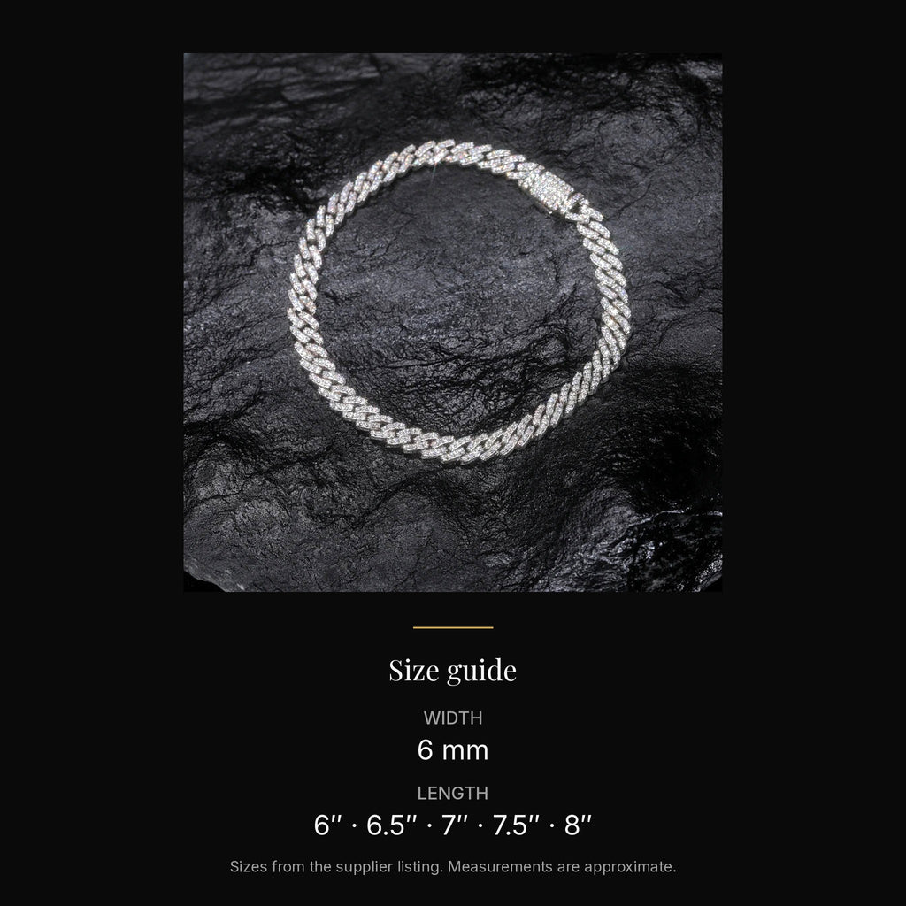 6 mm lab-created moissanite Cuban link bracelet size guide: Width 6 mm; Length 6 in · 6.5 in · 7 in · 7.5 in · 8 in