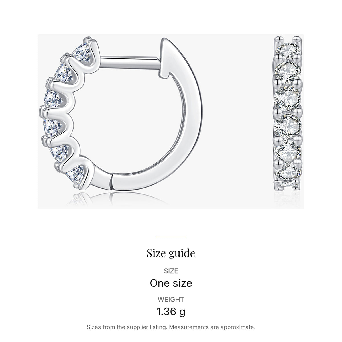 Small Lab-Created Moissanite Hoop Earrings, 925 Sterling Silver, size guide