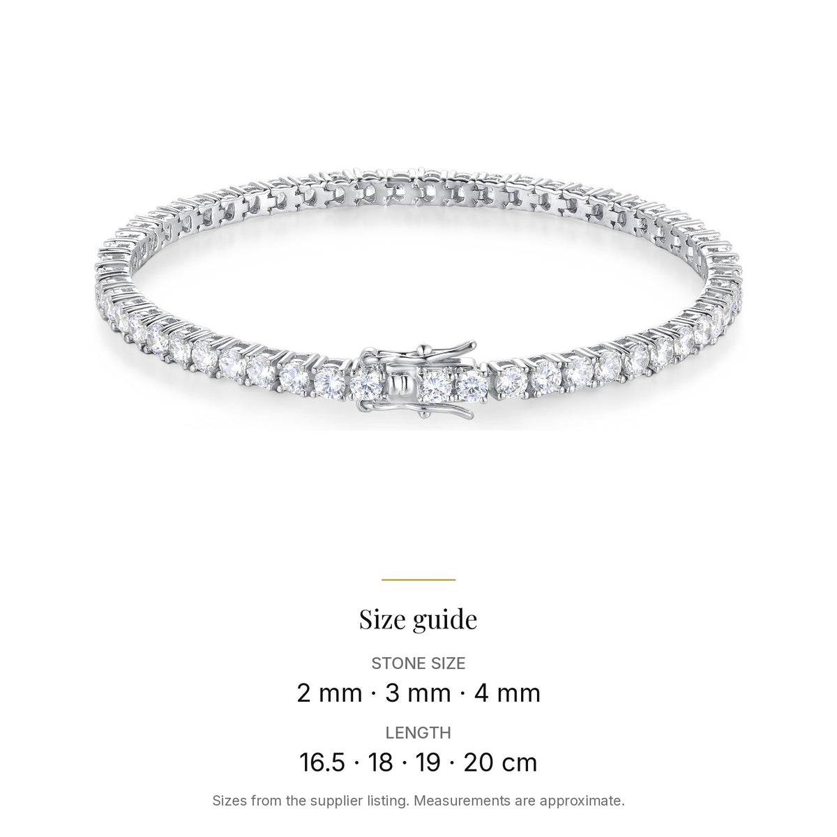 Lab-Created Moissanite Tennis Bracelet with GRA Card, 925 Sterling Silver, size guide