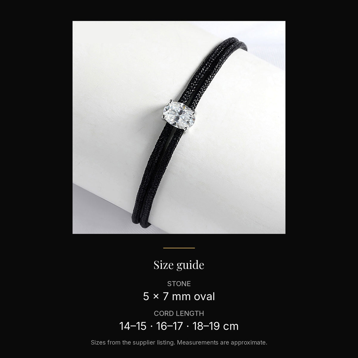 Oval Lab-Created Moissanite Braided Cord Bracelet, 925 Sterling Silver, size guide