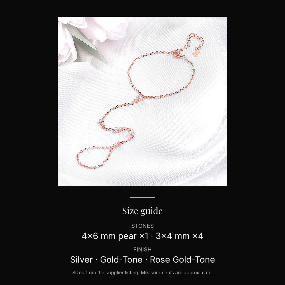 Pear-Cut Lab-Created Moissanite Chain Bracelet, 925 Sterling Silver, size guide
