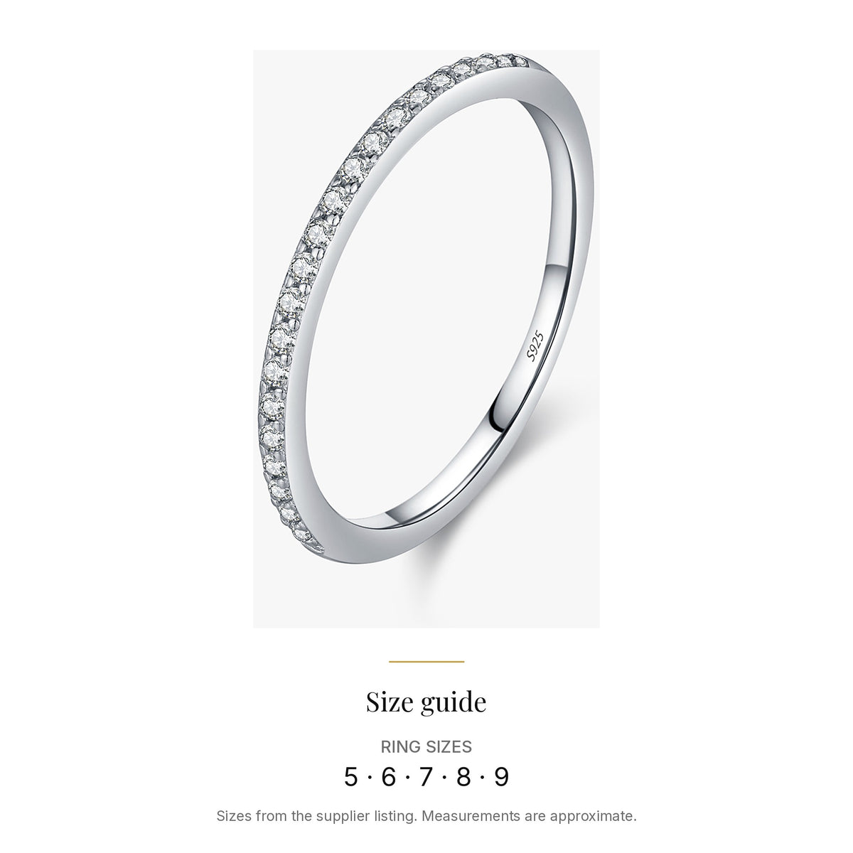 Thin Lab-Created Moissanite Eternity Band, 925 Sterling Silver, size guide