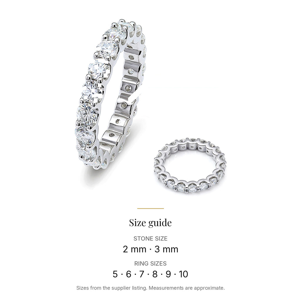Full Eternity Lab-Created Moissanite Band, 925 Sterling Silver, size guide