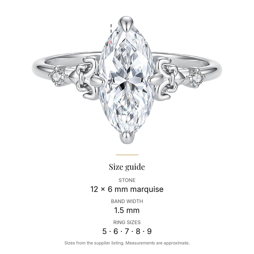 Marquise Lab-Created Moissanite Ring, 925 Sterling Silver, size guide