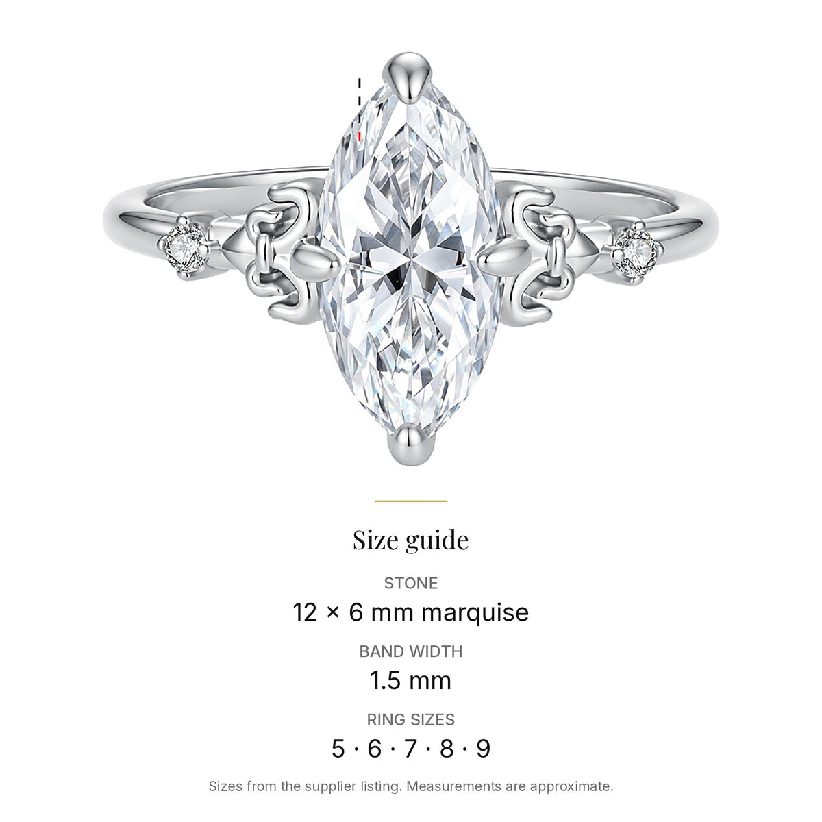 Marquise Lab-Created Moissanite Ring, 925 Sterling Silver, size guide