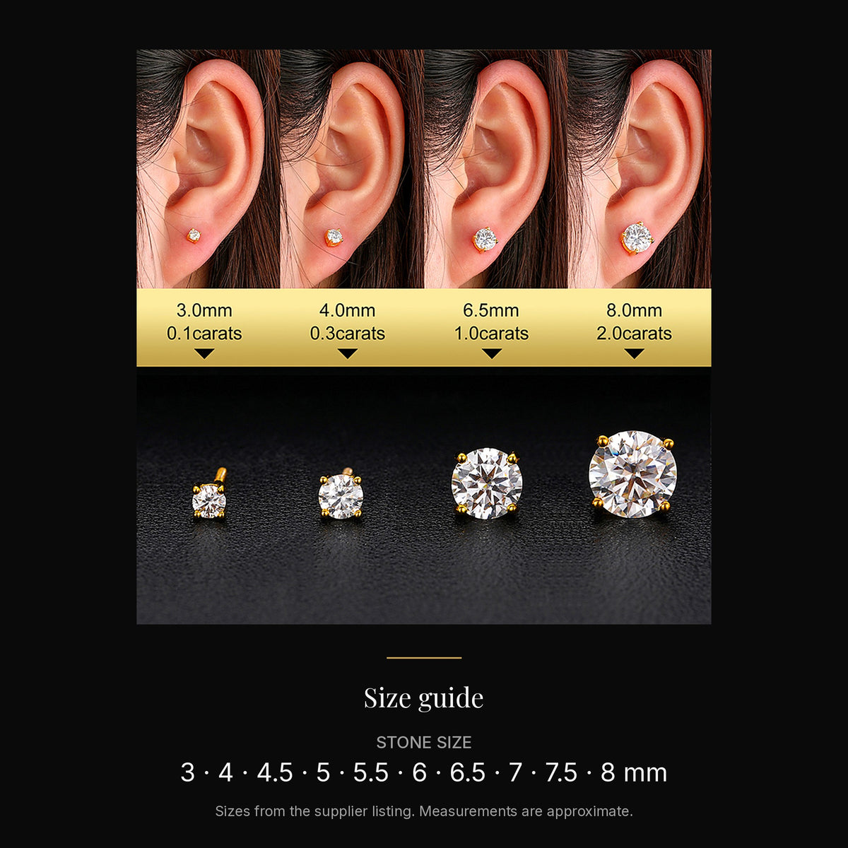 Lab-Created Moissanite Screw-Back Stud Earrings, 925 Sterling Silver, size guide