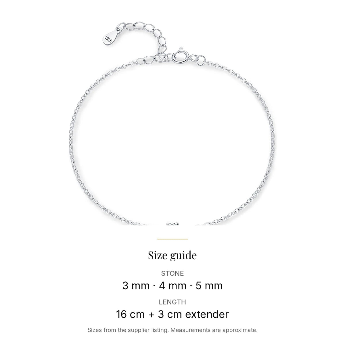 Dainty Lab-Created Moissanite Solitaire Chain Bracelet, 925 Sterling Silver, size guide
