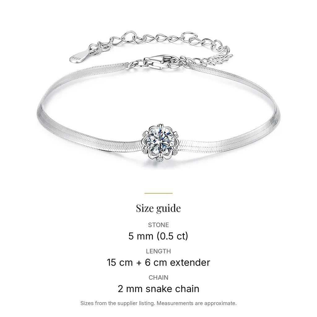 Lab-Created Moissanite Solitaire Snake Chain Bracelet, 925 Sterling Silver, size guide