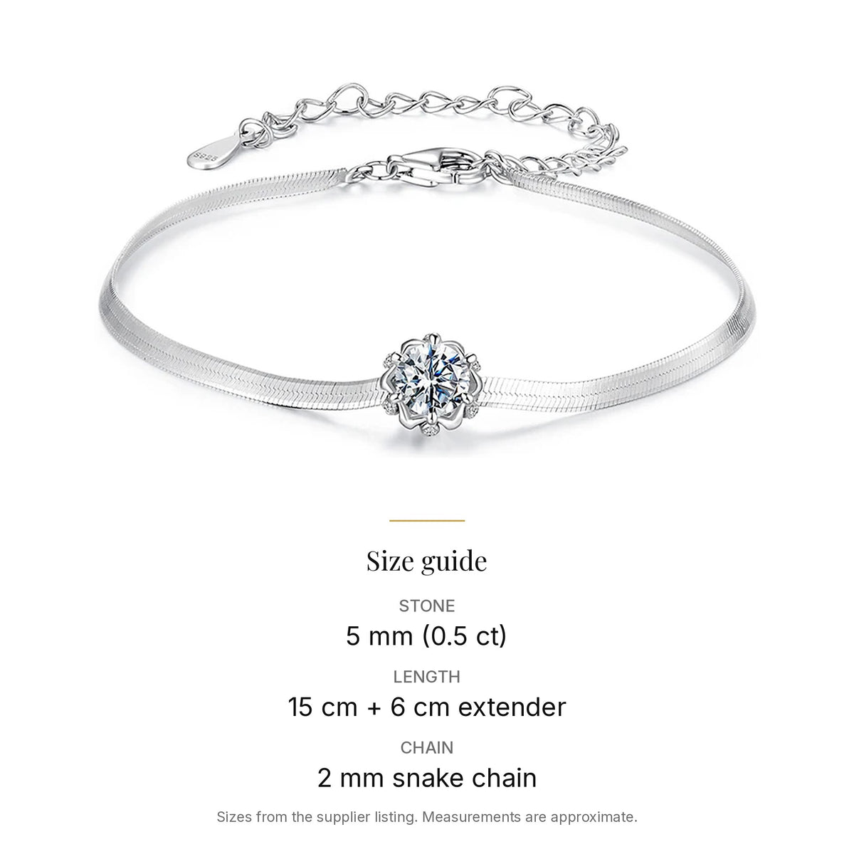 Lab-Created Moissanite Solitaire Snake Chain Bracelet, 925 Sterling Silver, size guide