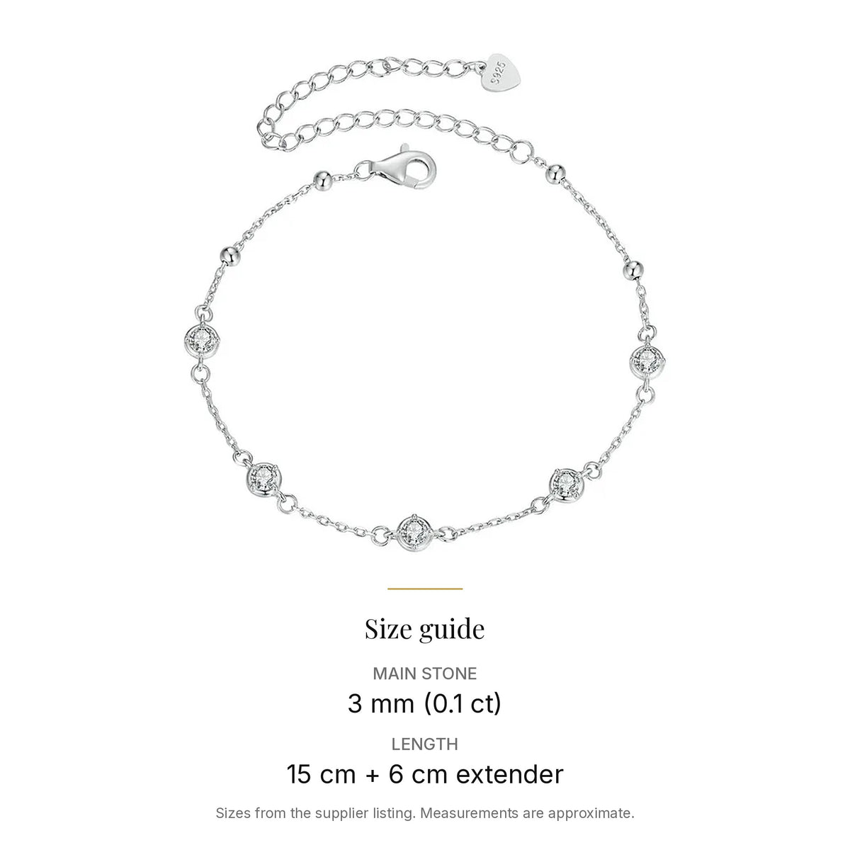 Bezel-Set Lab-Created Moissanite Station Bracelet, 925 Sterling Silver, size guide