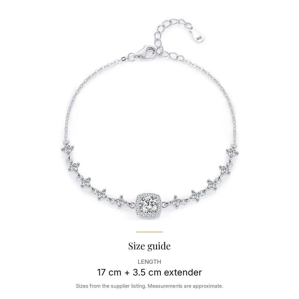 Cushion Halo Lab-Created Moissanite Bracelet, 925 Sterling Silver, size guide