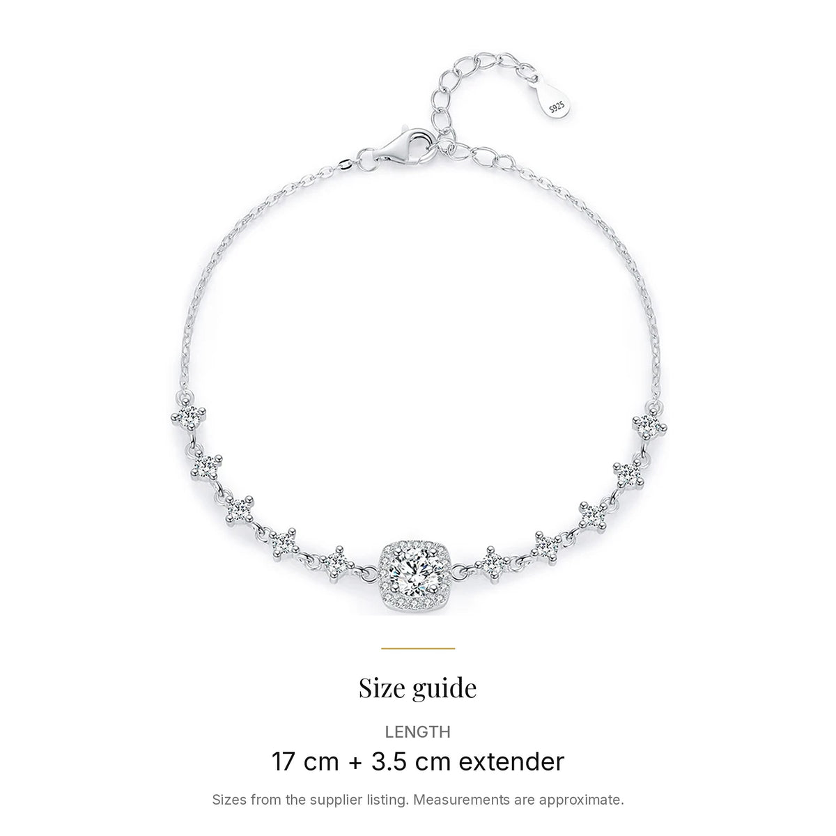 Cushion Halo Lab-Created Moissanite Bracelet, 925 Sterling Silver, size guide