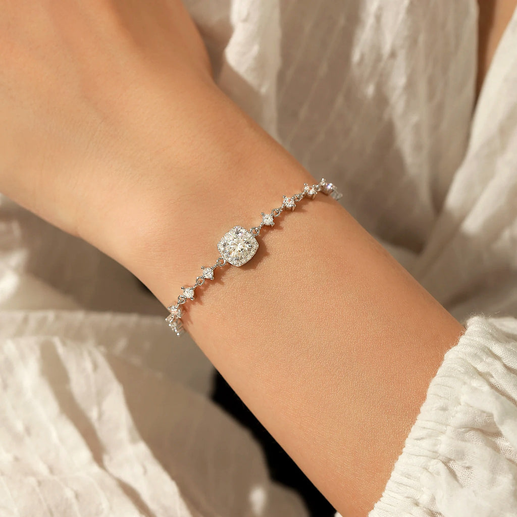 Cushion Halo Lab-Created Moissanite Bracelet, 925 Sterling Silver, additional view