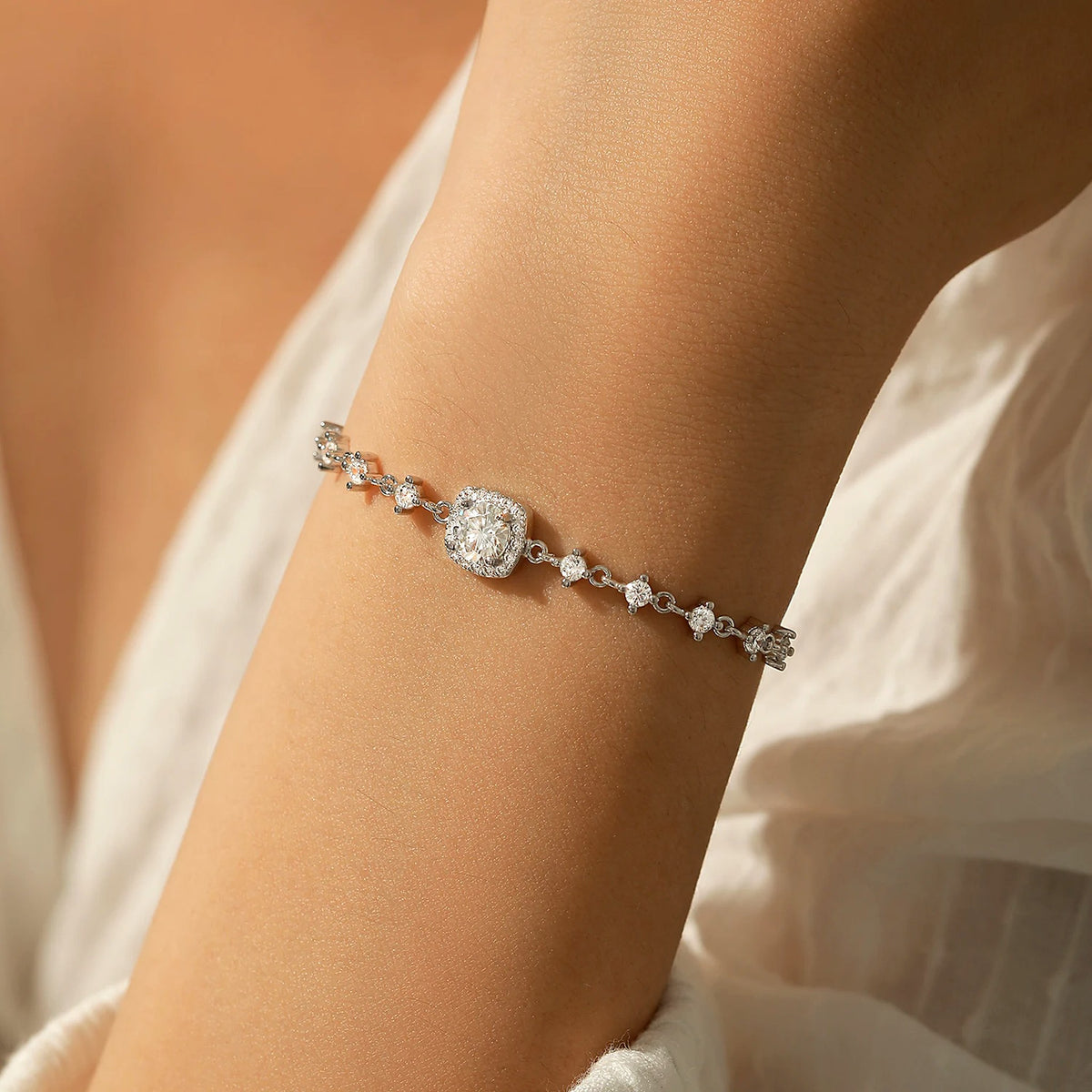 Cushion Halo Lab-Created Moissanite Bracelet, 925 Sterling Silver, additional view
