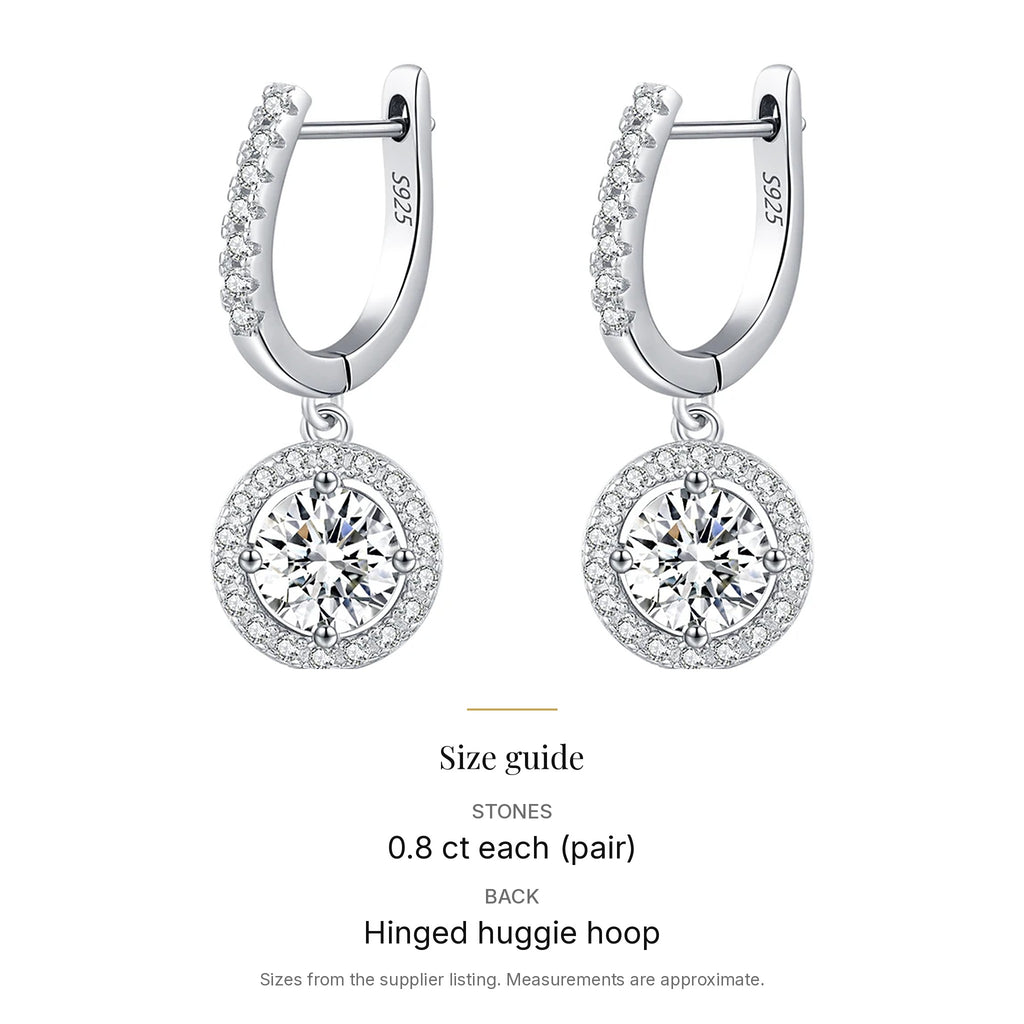 Halo Lab-Created Moissanite Drop Huggie Earrings, 925 Sterling Silver, size guide