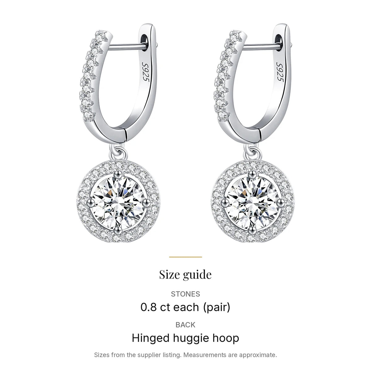 Halo Lab-Created Moissanite Drop Huggie Earrings, 925 Sterling Silver, size guide