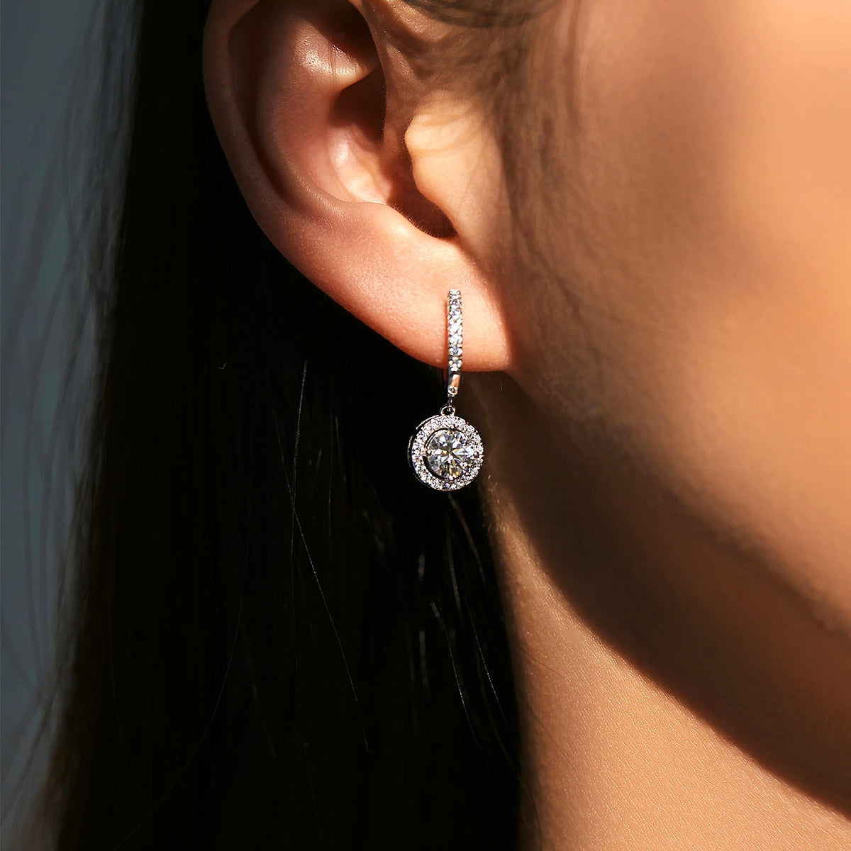 Halo Lab-Created Moissanite Drop Huggie Earrings, 925 Sterling Silver, additional view