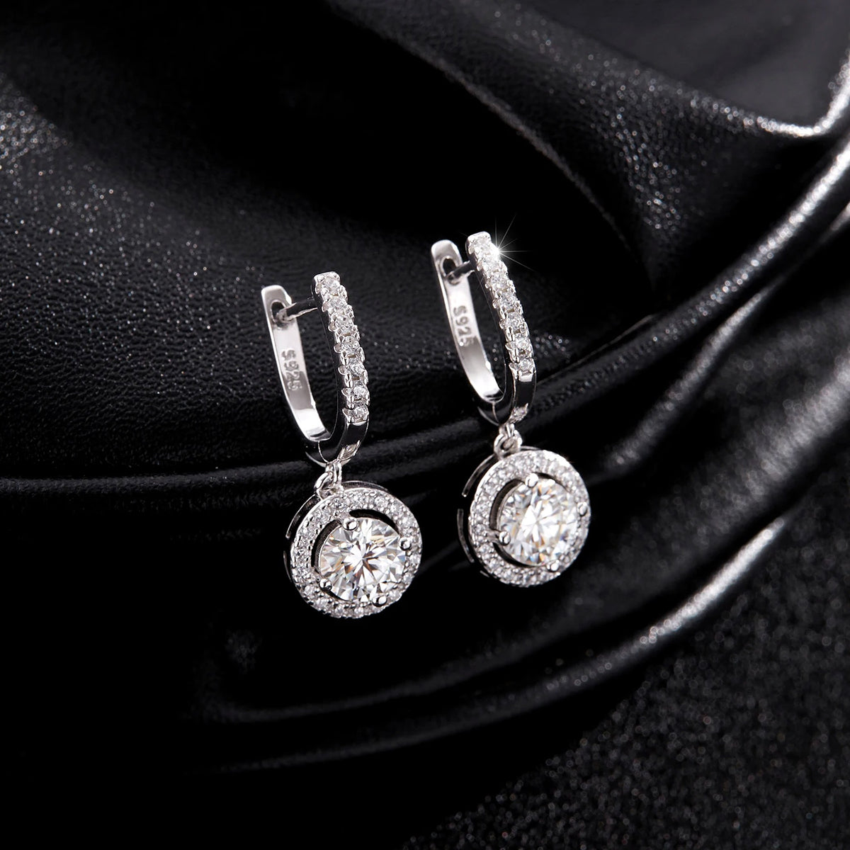 Halo Lab-Created Moissanite Drop Huggie Earrings, 925 Sterling Silver, additional view