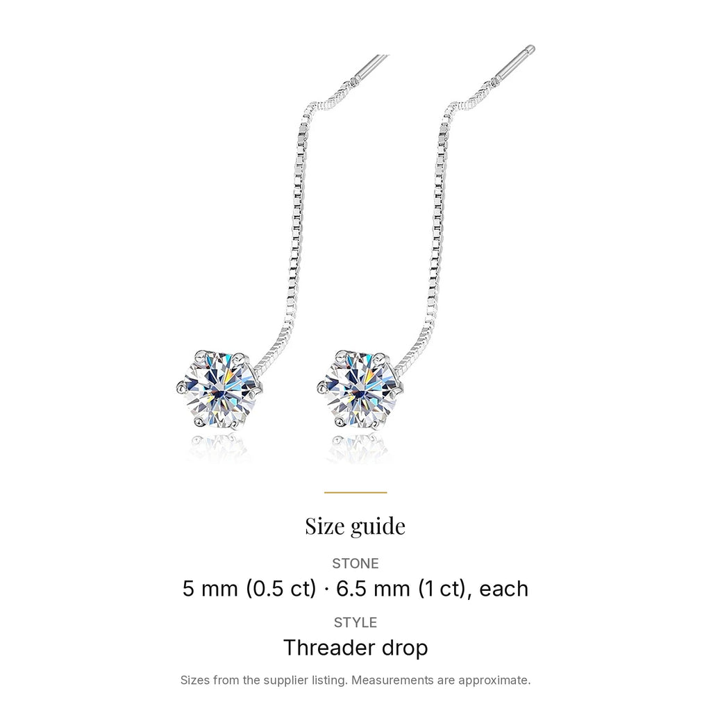 Lab-Created Moissanite Threader Drop Earrings, 925 Sterling Silver, size guide