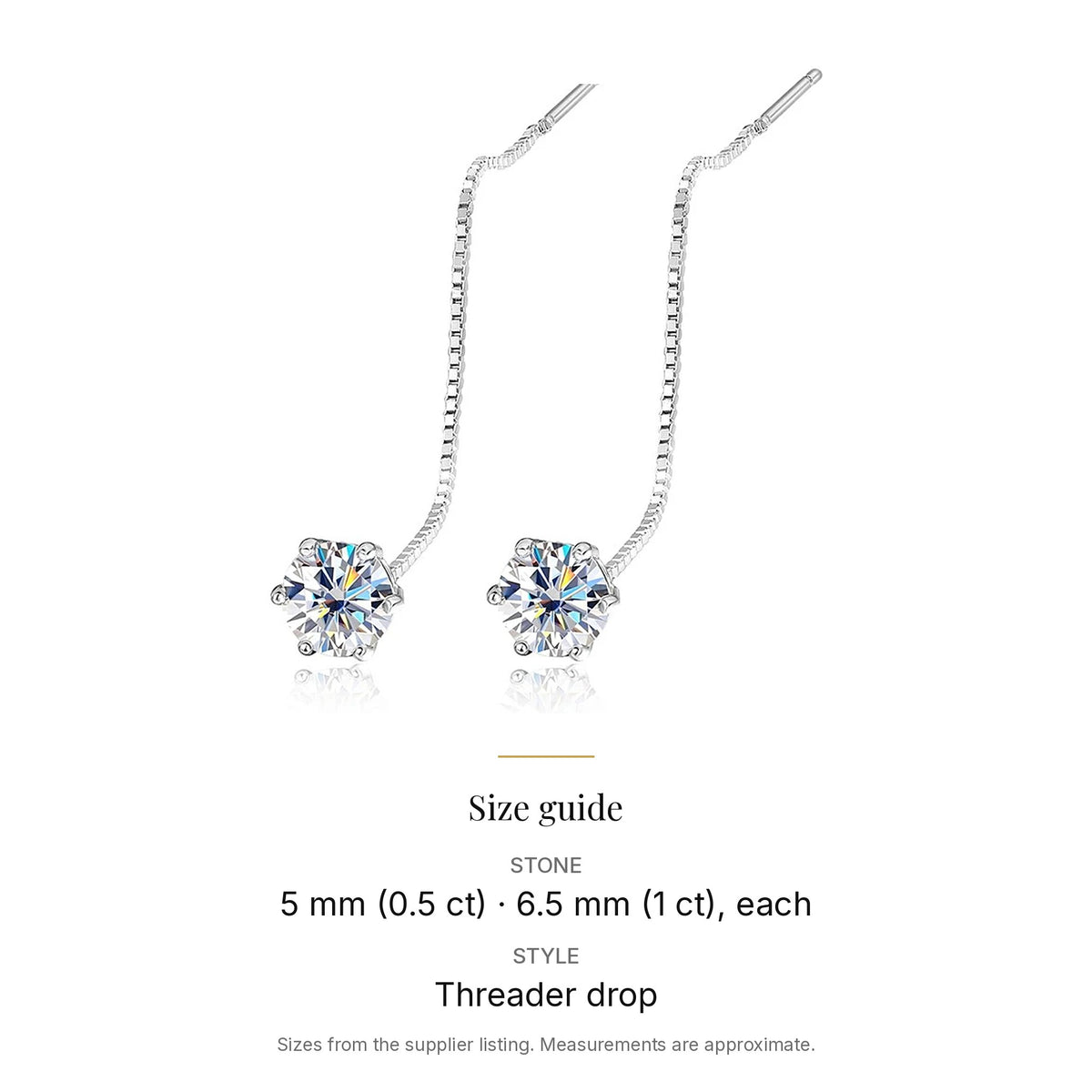 Lab-Created Moissanite Threader Drop Earrings, 925 Sterling Silver, size guide