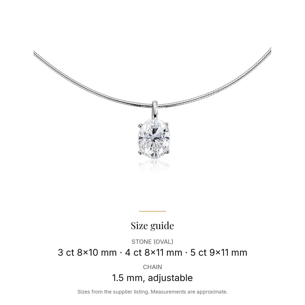 Oval Lab-Created Moissanite Solitaire Necklace, 925 Sterling Silver, size guide