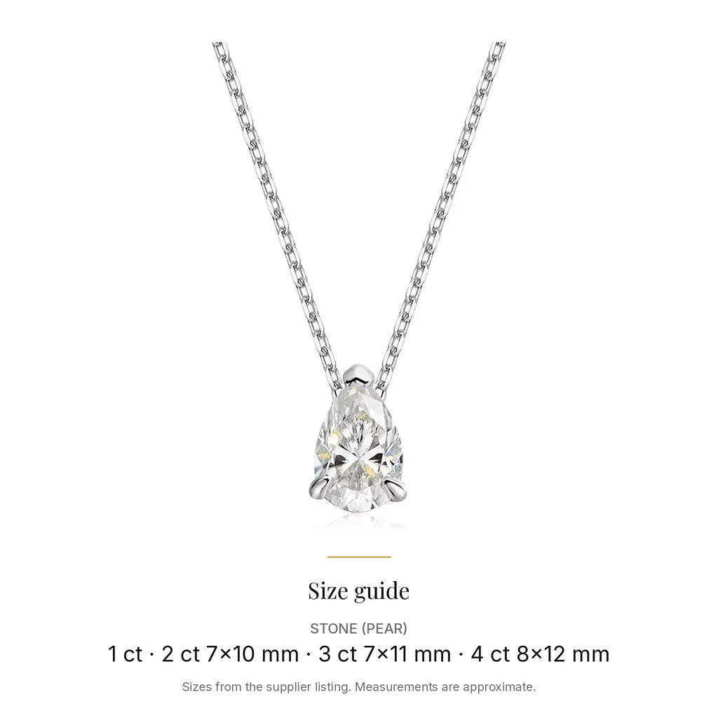 Pear-Cut Lab-Created Moissanite Pendant Necklace, 925 Sterling Silver, size guide