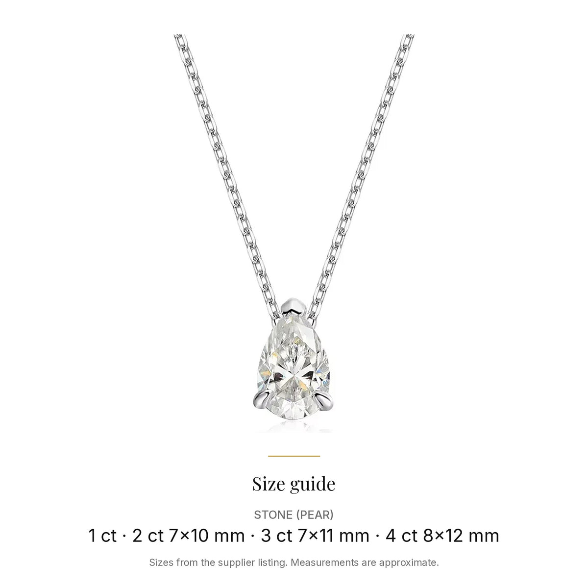 Pear-Cut Lab-Created Moissanite Pendant Necklace, 925 Sterling Silver, size guide