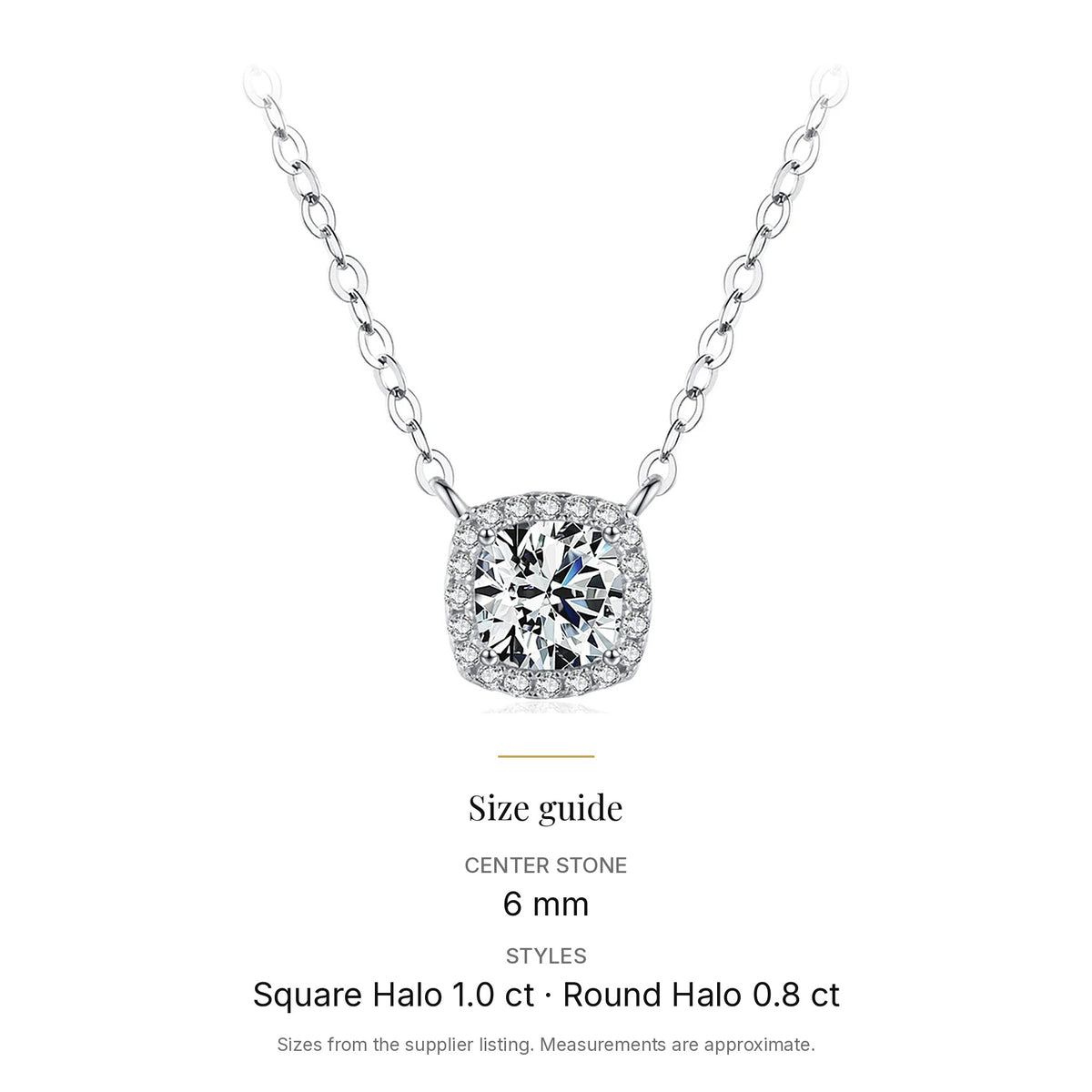 Halo Lab-Created Moissanite Pendant Necklace, 925 Sterling Silver, size guide