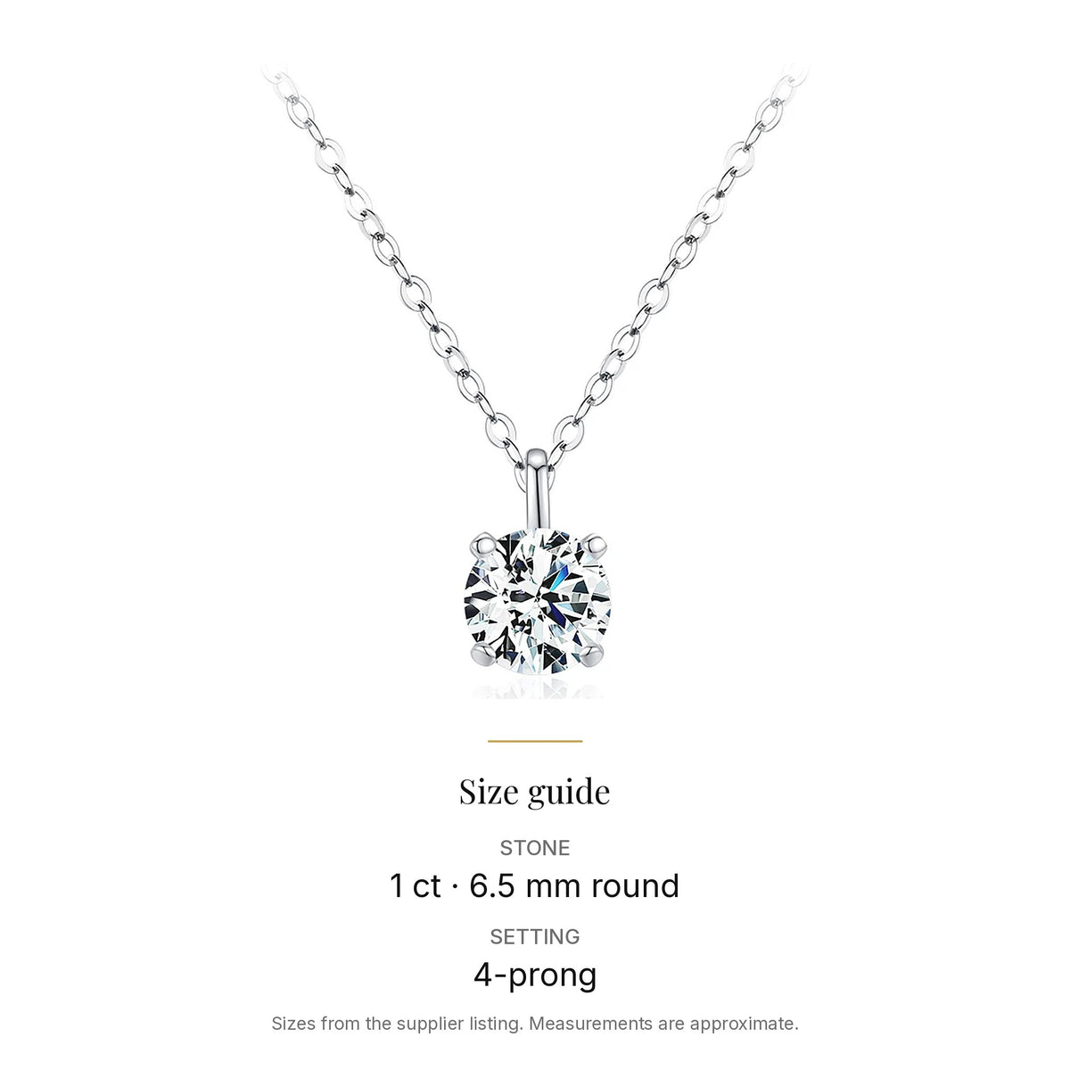 1 ct Lab-Created Moissanite Solitaire Pendant Necklace, 925 Sterling Silver, size guide