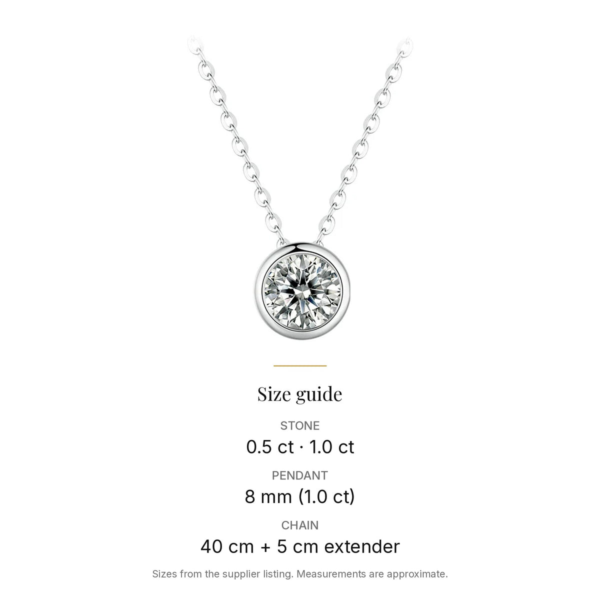 Bezel-Set Lab-Created Moissanite Necklace, 925 Sterling Silver, size guide