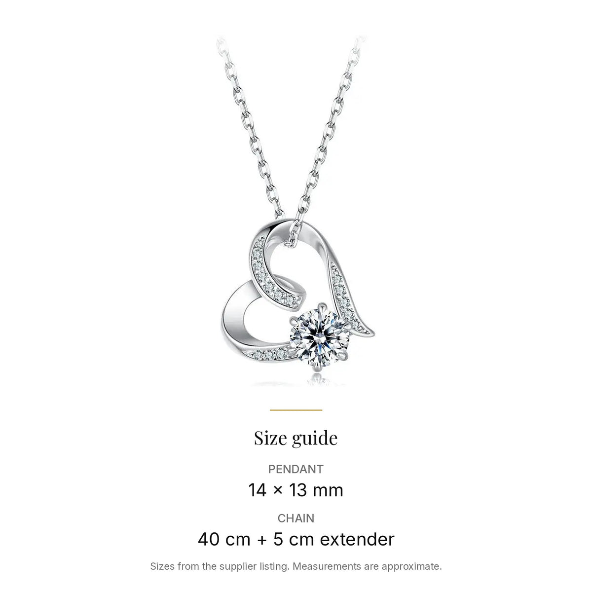 Open Heart Lab-Created Moissanite Necklace, 925 Sterling Silver, size guide