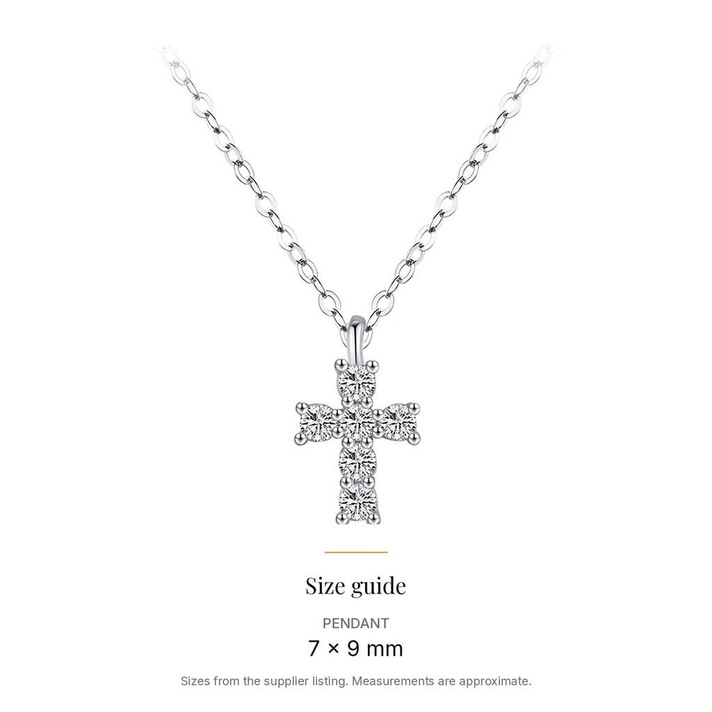 Small Lab-Created Moissanite Cross Necklace, 925 Sterling Silver, size guide