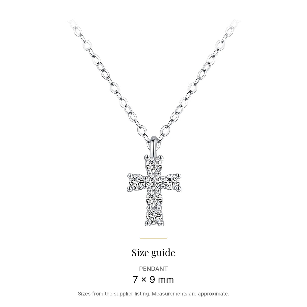 Small Lab-Created Moissanite Cross Necklace, 925 Sterling Silver, size guide