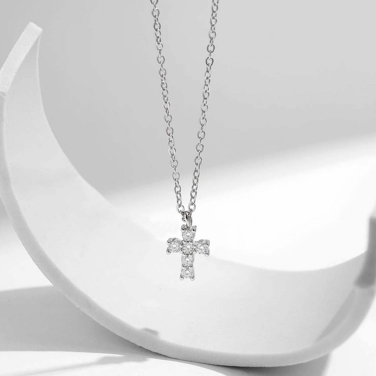 Small Lab-Created Moissanite Cross Necklace, 925 Sterling Silver, additional view