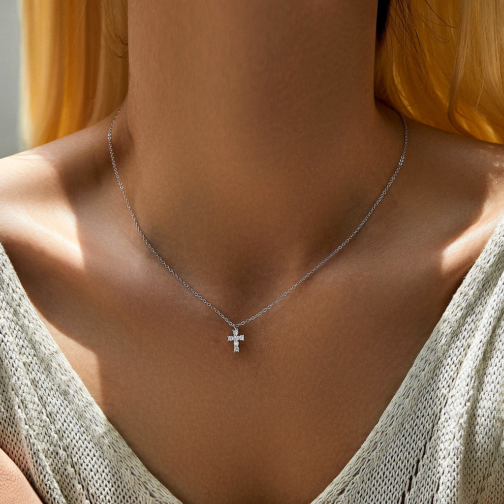 Small Lab-Created Moissanite Cross Necklace, 925 Sterling Silver, additional view