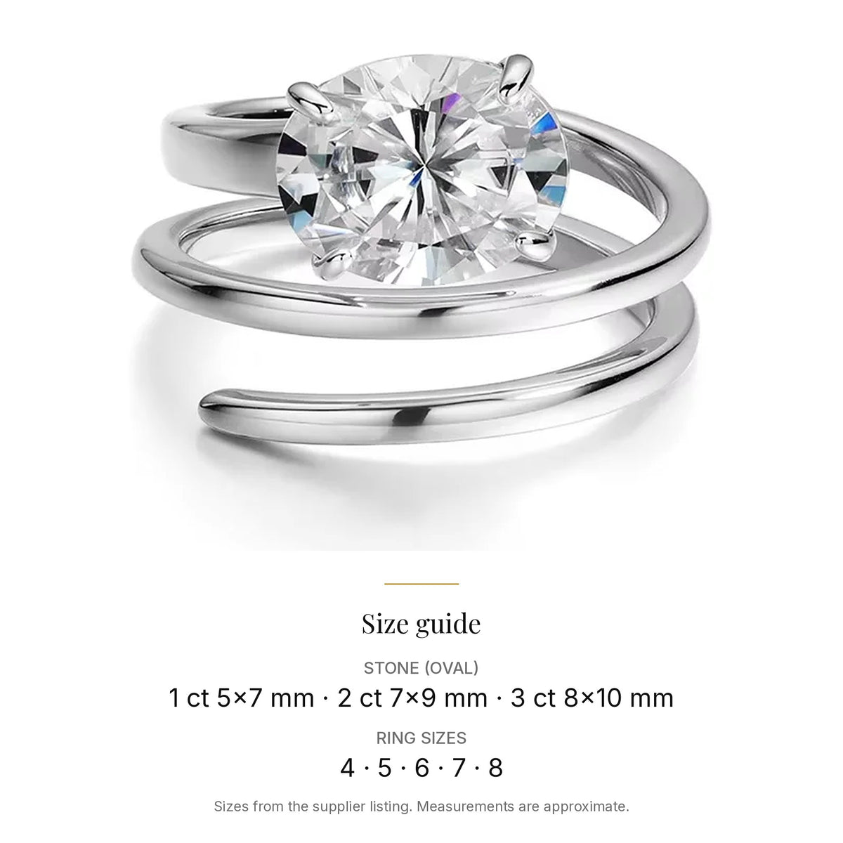 Oval Lab-Created Moissanite Spiral Wrap Ring, 925 Sterling Silver, size guide