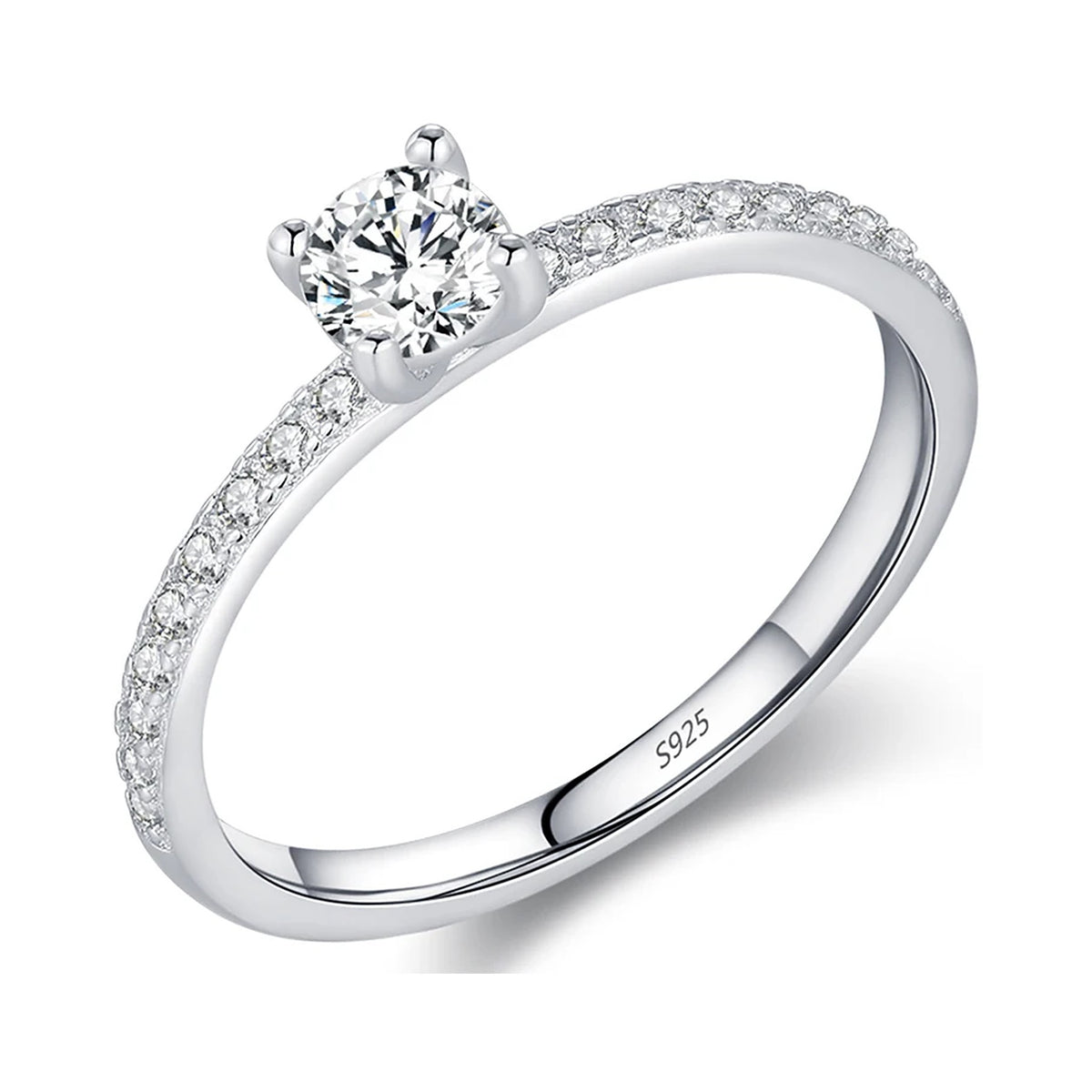 Petite Lab-Created Moissanite Solitaire Ring with Pavé Band, 925 Sterling Silver, product photo