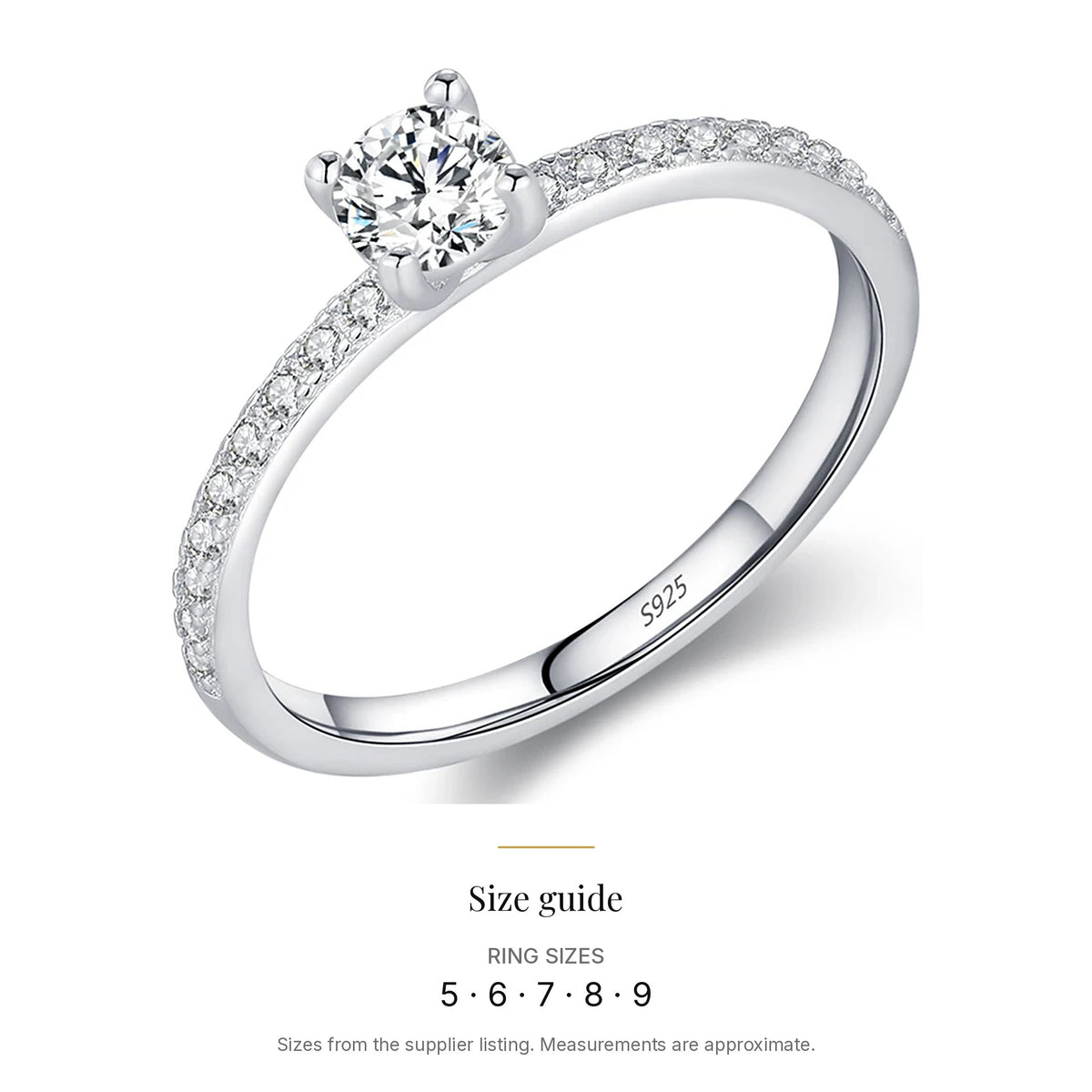 Petite Lab-Created Moissanite Solitaire Ring with Pavé Band, 925 Sterling Silver, size guide