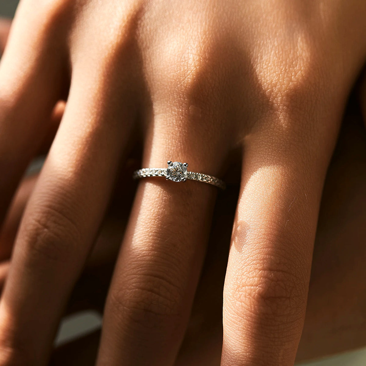 Petite Lab-Created Moissanite Solitaire Ring with Pavé Band, 925 Sterling Silver, additional view